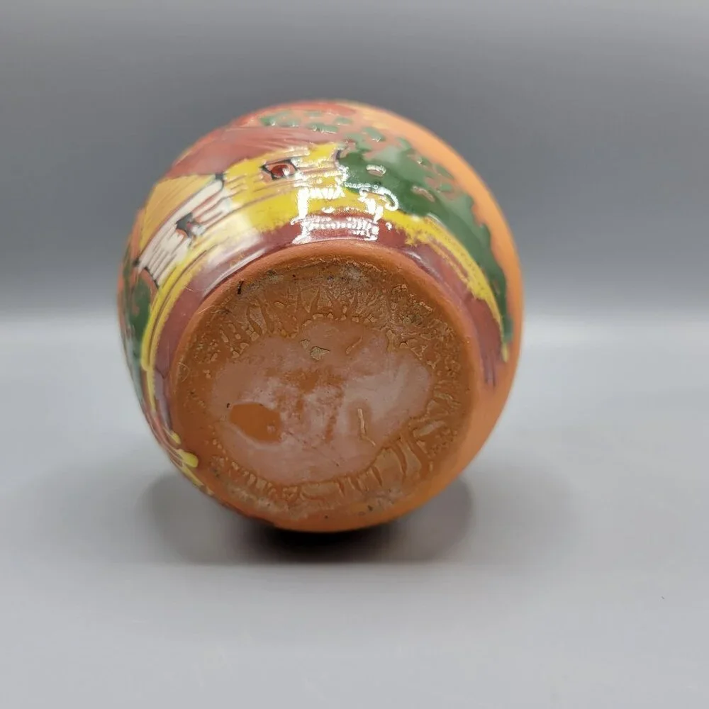 Vintage Hand Painted Terracotta Vase Scenic Design Flared Rim Signed Punta Cana - Picture 11 of 13